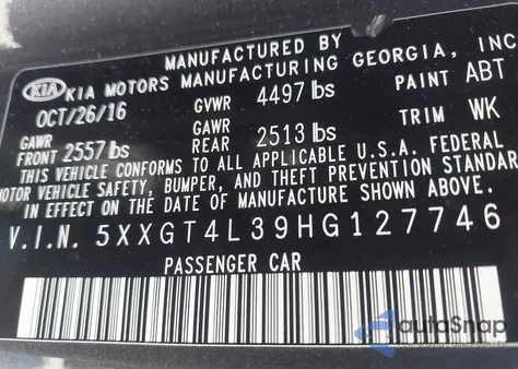 2017 Kia Optima Lx from USA, damaged, VIN 5XXGT4L39HG127746